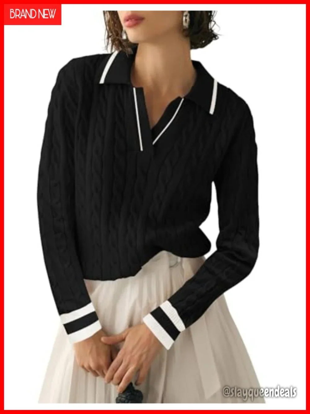 Lapel V Neck Cable Knit Pullover Sweater Long Sleeve Soft Jumper
